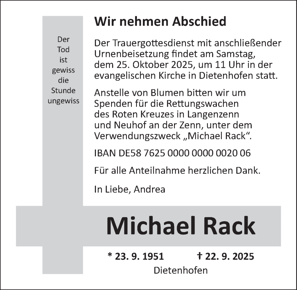  Traueranzeige für Michael Rack vom 24.10.2025 aus GE