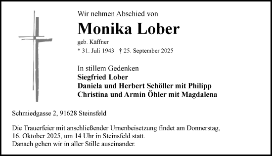 Traueranzeige von Monika Lober von Rothenburg