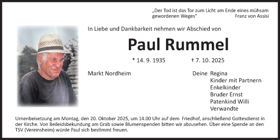 Traueranzeige von Paul Rummel von Neustadt/ Scheinfeld/ Uffenheim