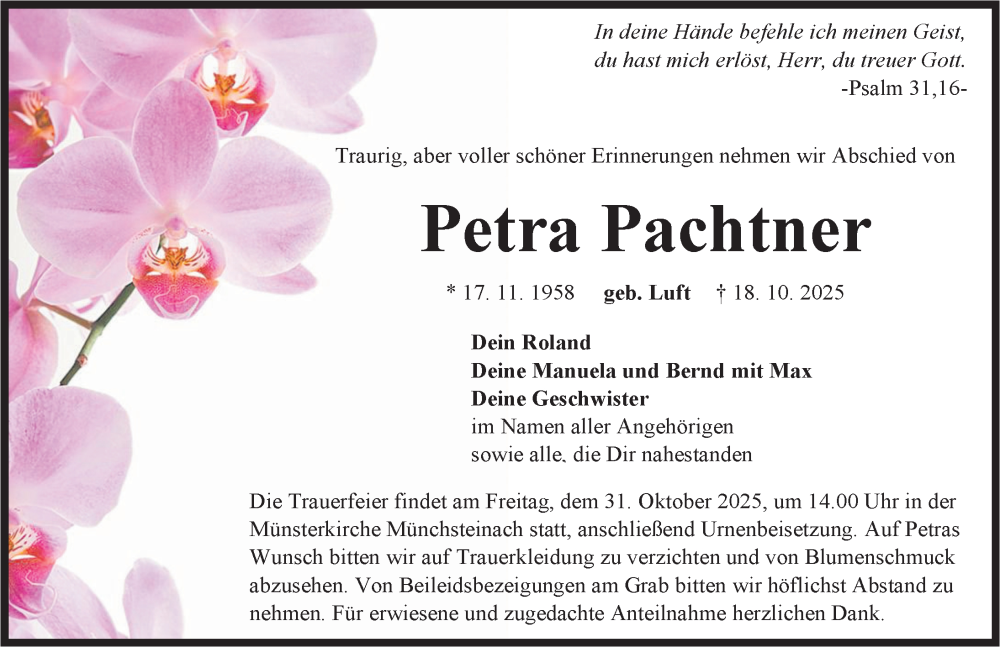  Traueranzeige für Petra Pachtner vom 25.10.2025 aus Neustadt/ Scheinfeld/ Uffenheim