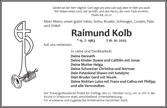 Traueranzeige von Raimund Kolb von Neustadt/ Scheinfeld/ Uffenheim