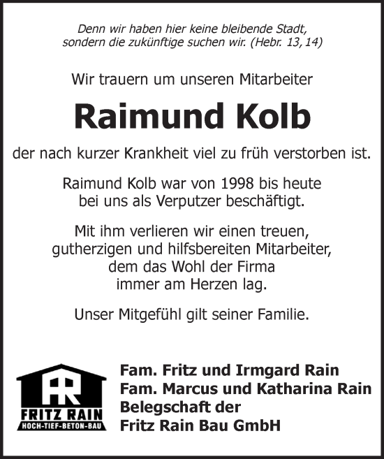 Traueranzeige von Raimund Kolb von Neustadt/ Scheinfeld/ Uffenheim