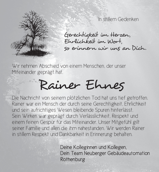 Traueranzeige von Rainer Ehnes von Rothenburg