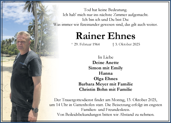 Traueranzeige von Rainer Ehnes von Rothenburg