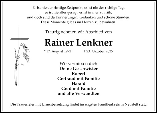 Traueranzeige von Rainer Lenkner von Rothenburg