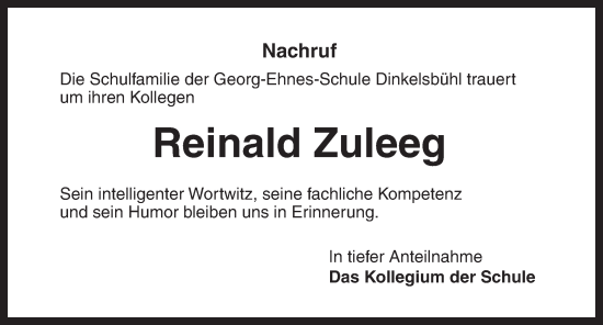 Traueranzeige von Reinald Zuleeg von Dinkelsbühl/ Feuchtwangen