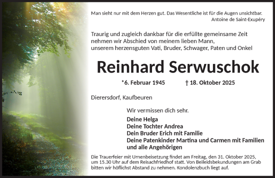 Traueranzeige von Reinhard Serwuschok von Ansbach