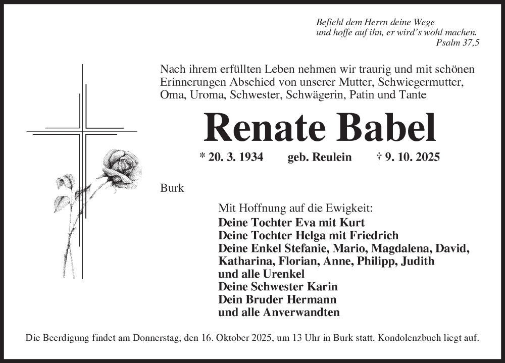  Traueranzeige für Renate Babel vom 14.10.2025 aus Dinkelsbühl/ Feuchtwangen