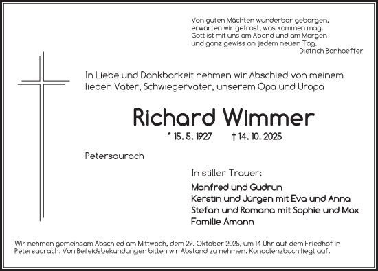 Traueranzeige von Richard Wimmer von Ansbach