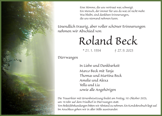 Traueranzeige von Roland Beck von Dinkelsbühl/ Feuchtwangen