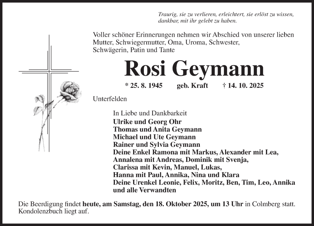  Traueranzeige für Rosi Geymann vom 18.10.2025 aus Ansbach