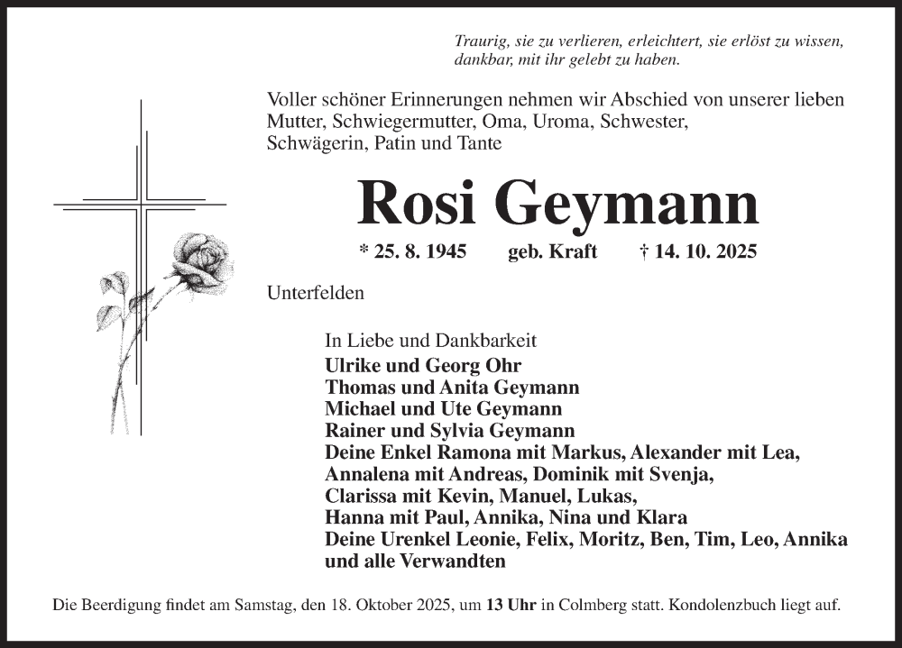  Traueranzeige für Rosi Geymann vom 17.10.2025 aus Rothenburg