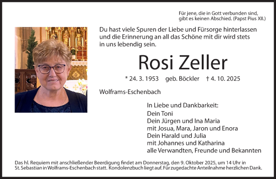 Traueranzeige von Rosi Zeller von Ansbach