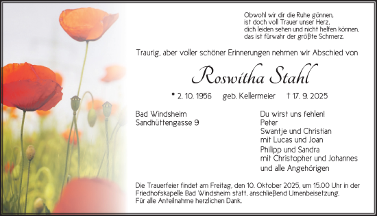 Traueranzeige von Roswitha Stahl von Neustadt/ Scheinfeld/ Uffenheim
