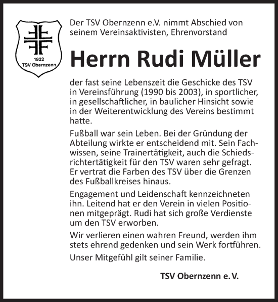 Traueranzeige von Rudi Müller von Neustadt/ Scheinfeld/ Uffenheim