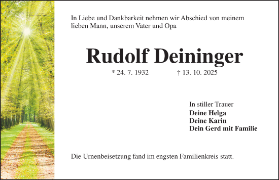 Traueranzeige von Rudolf Deininger von Neustadt/ Scheinfeld/ Uffenheim