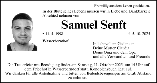 Traueranzeige von Samuel Senft von Neustadt/ Scheinfeld/ Uffenheim