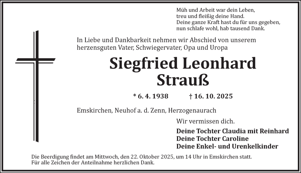  Traueranzeige für Siegfried Leonhard Strauß vom 20.10.2025 aus Neustadt/ Scheinfeld/ Uffenheim