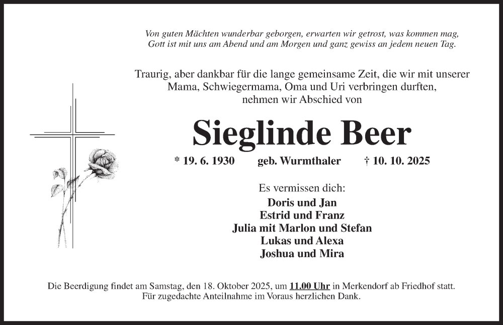  Traueranzeige für Sieglinde Beer vom 15.10.2025 aus Ansbach