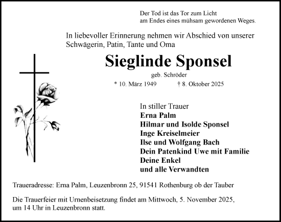 Traueranzeige von Sieglinde Sponsel von Rothenburg