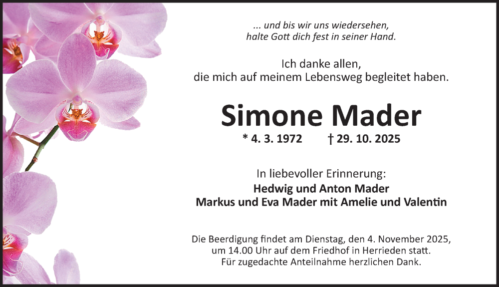  Traueranzeige für Simone Mader vom 31.10.2025 aus GE