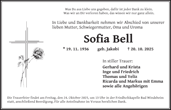 Traueranzeige von Sofia Bell von Neustadt/ Scheinfeld/ Uffenheim