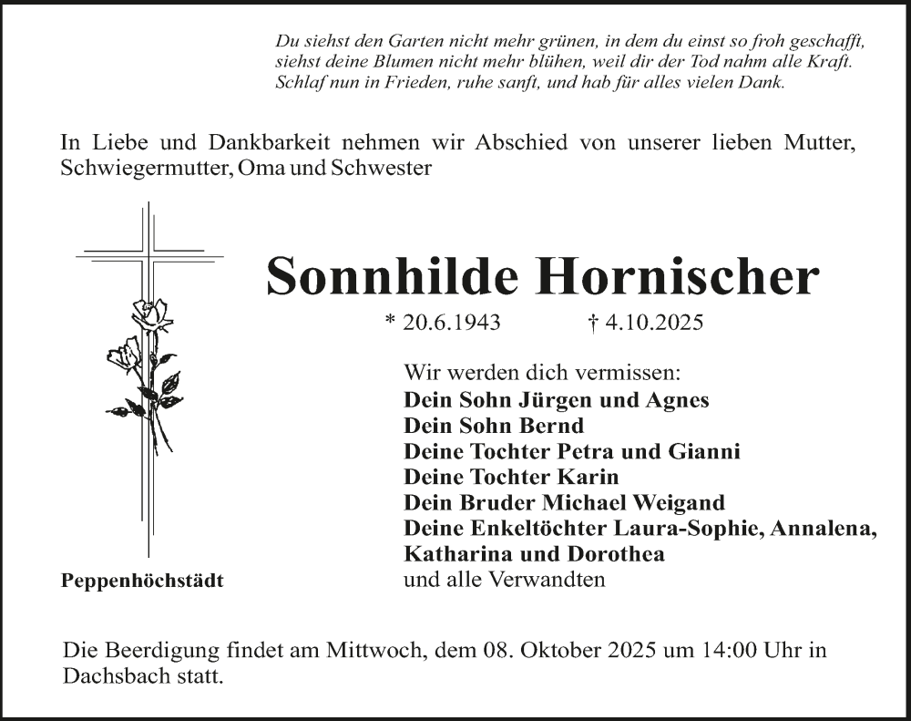  Traueranzeige für Sonnhilde Hornischer vom 07.10.2025 aus Neustadt/ Scheinfeld/ Uffenheim