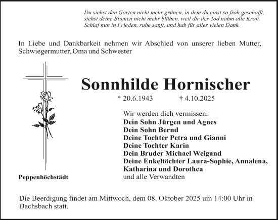 Traueranzeige von Sonnhilde Hornischer von Neustadt/ Scheinfeld/ Uffenheim