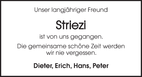 Traueranzeige von Striezi  von Ansbach