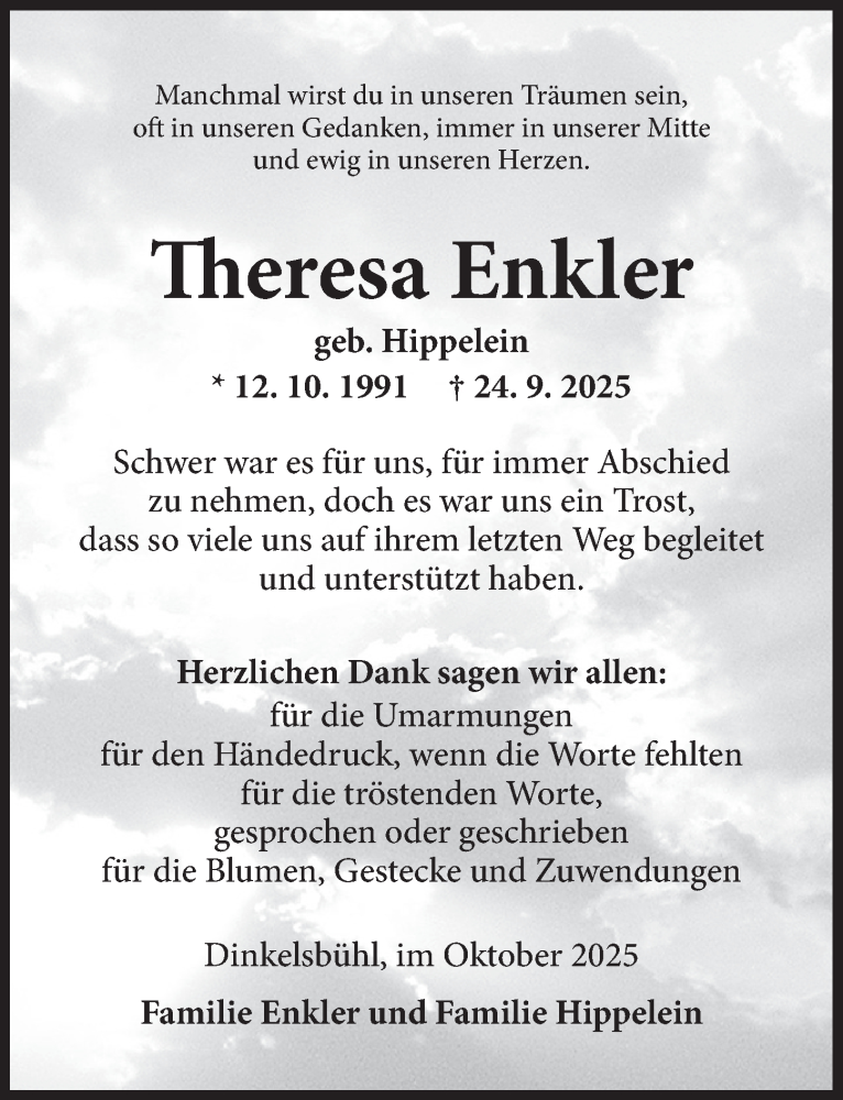  Traueranzeige für Theresa Enkler vom 11.10.2025 aus Dinkelsbühl/ Feuchtwangen