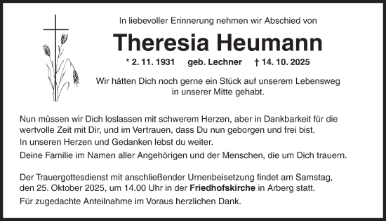 Traueranzeige von Theresia Heumann von Ansbach