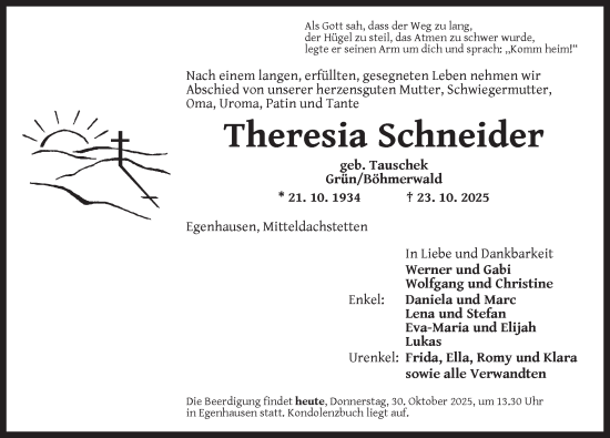 Traueranzeige von Theresia Schneider von Neustadt/ Scheinfeld/ Uffenheim