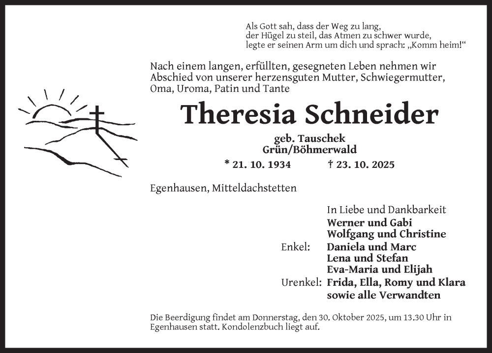  Traueranzeige für Theresia Schneider vom 28.10.2025 aus Neustadt/ Scheinfeld/ Uffenheim