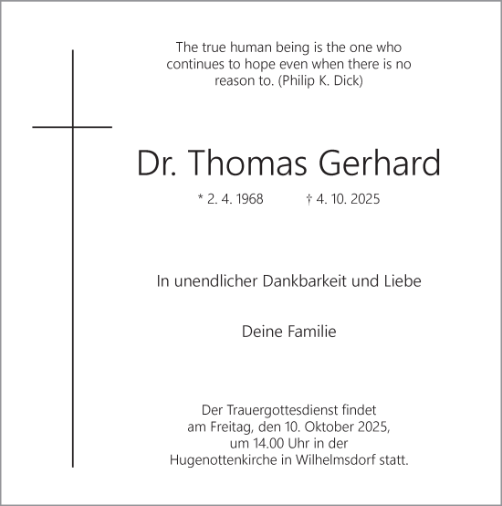 Traueranzeige von Thomas Gerhard von Neustadt/ Scheinfeld/ Uffenheim