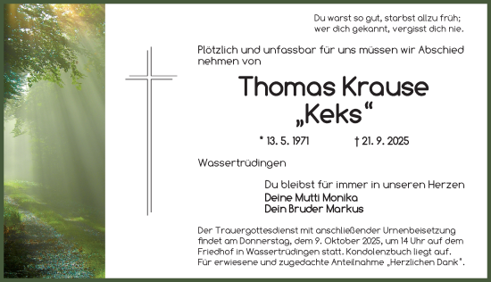 Traueranzeige von Thomas Krause von Dinkelsbühl/ Feuchtwangen