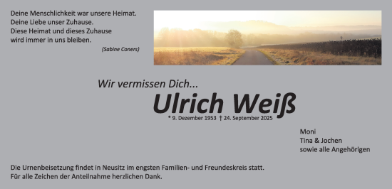Traueranzeige von Ulrich Weiß von Rothenburg
