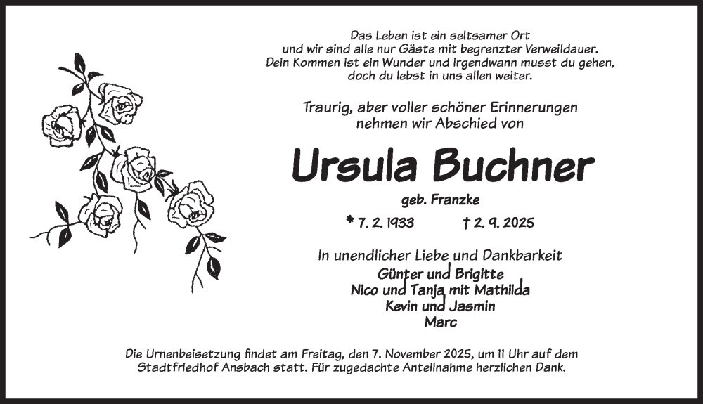  Traueranzeige für Ursula Buchner vom 31.10.2025 aus Ansbach