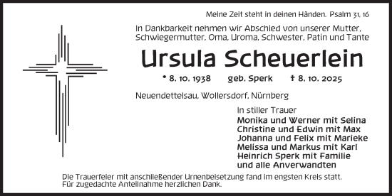 Traueranzeige von Ursula Scheuerlein von Ansbach