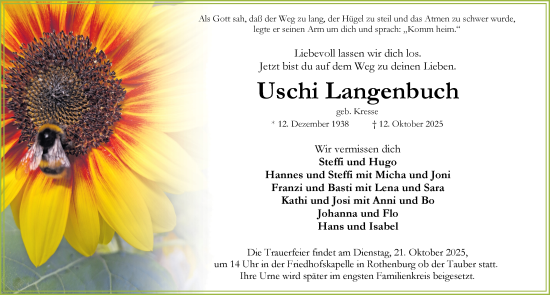 Traueranzeige von Uschi Langenbuch von Rothenburg