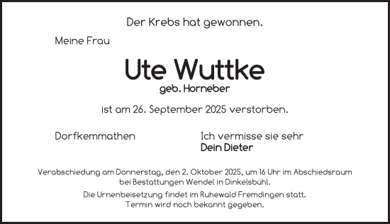 Traueranzeige von Ute Wuttke von Dinkelsbühl/ Feuchtwangen