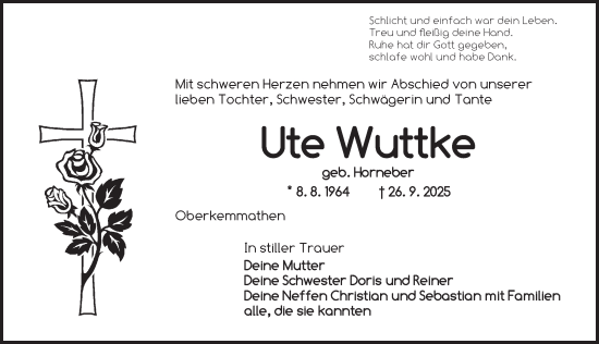 Traueranzeige von Ute Wuttke von Dinkelsbühl/ Feuchtwangen