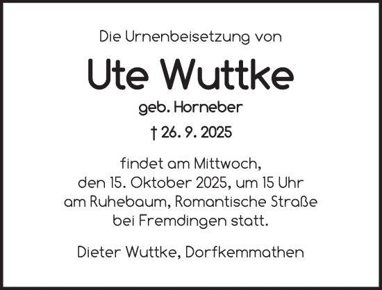 Traueranzeige von Ute Wuttke von Dinkelsbühl/ Feuchtwangen