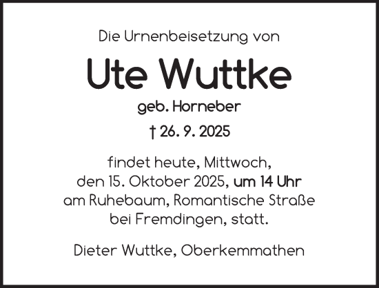 Traueranzeige von Ute Wuttke von Dinkelsbühl/ Feuchtwangen