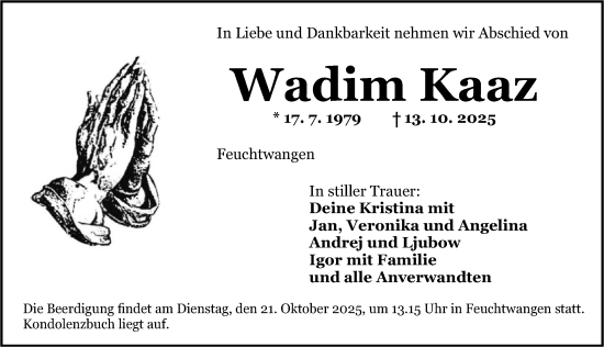 Traueranzeige von Wadim Kaaz von Dinkelsbühl/ Feuchtwangen