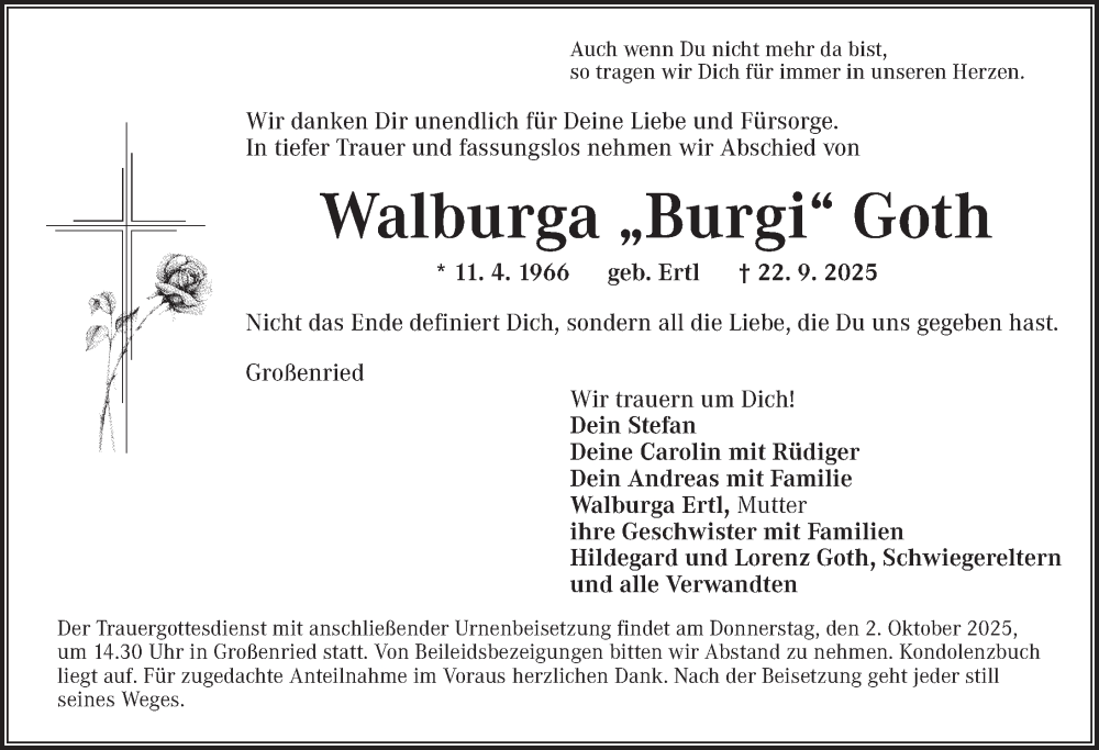  Traueranzeige für Walburga Goth vom 01.10.2025 aus Ansbach