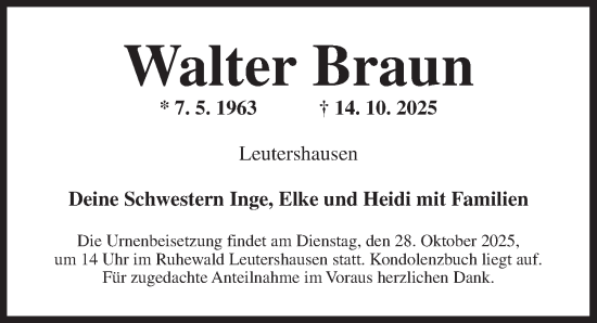 Traueranzeige von Walter Braun von Ansbach