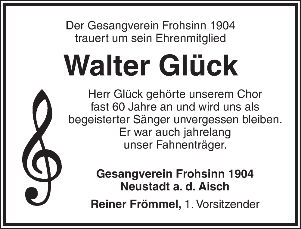 Traueranzeige für Walter Glück vom 04.10.2025 aus Neustadt/ Scheinfeld/ Uffenheim