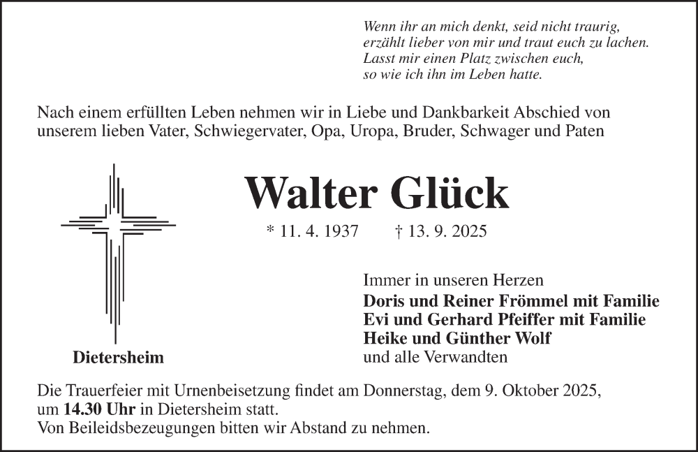 Traueranzeige für Walter Glück vom 04.10.2025 aus Neustadt/ Scheinfeld/ Uffenheim