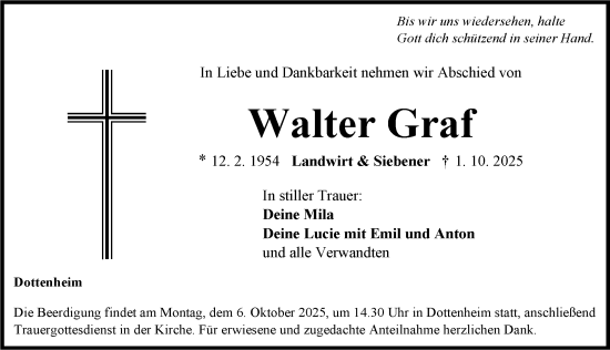 Traueranzeige von Walter Graf von Neustadt/ Scheinfeld/ Uffenheim