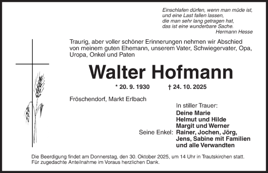 Traueranzeige von Walter Hofmann von Neustadt/ Scheinfeld/ Uffenheim